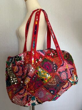 Huge Boho Patchwork Embroidered Beaded Red Colorful Duffle weekender Bag